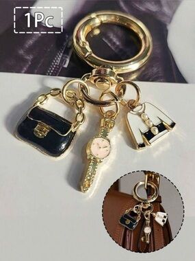 Gold Fashion Charm Keychain with Black Purse, White Jacket & Pink Watch